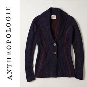 NWT Anthropologie Rosie Neira cotton linen Dark Blue red Textured Blazer medium